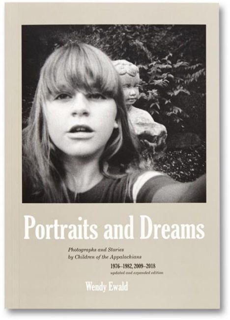 Black and white self portrait of a girl and a garden statue as the cover image of Portraits and Dreams by Wendy Ewald.